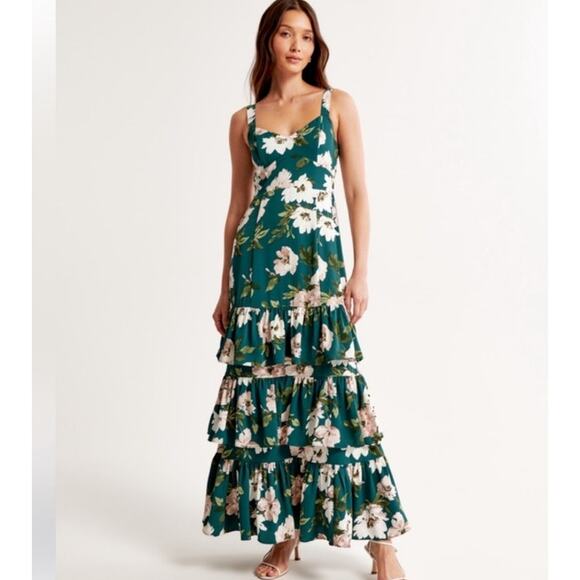 Abercrombie & Fitch Drama Ruffle Tiered Maxi Dress Green Floral Size XS - Picture 1 of 2